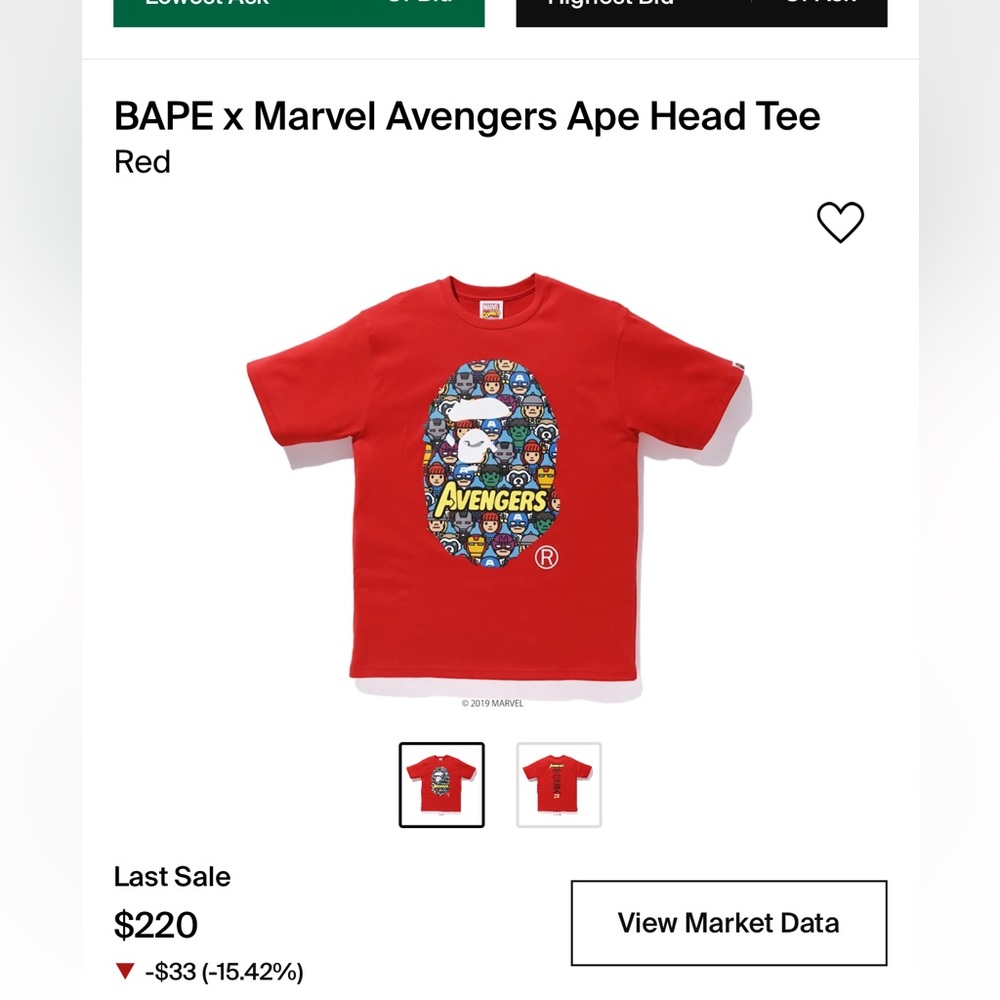 2XL NWT Bape x Marvel Tee Red with a Marvel Monogram inside of Ape Face